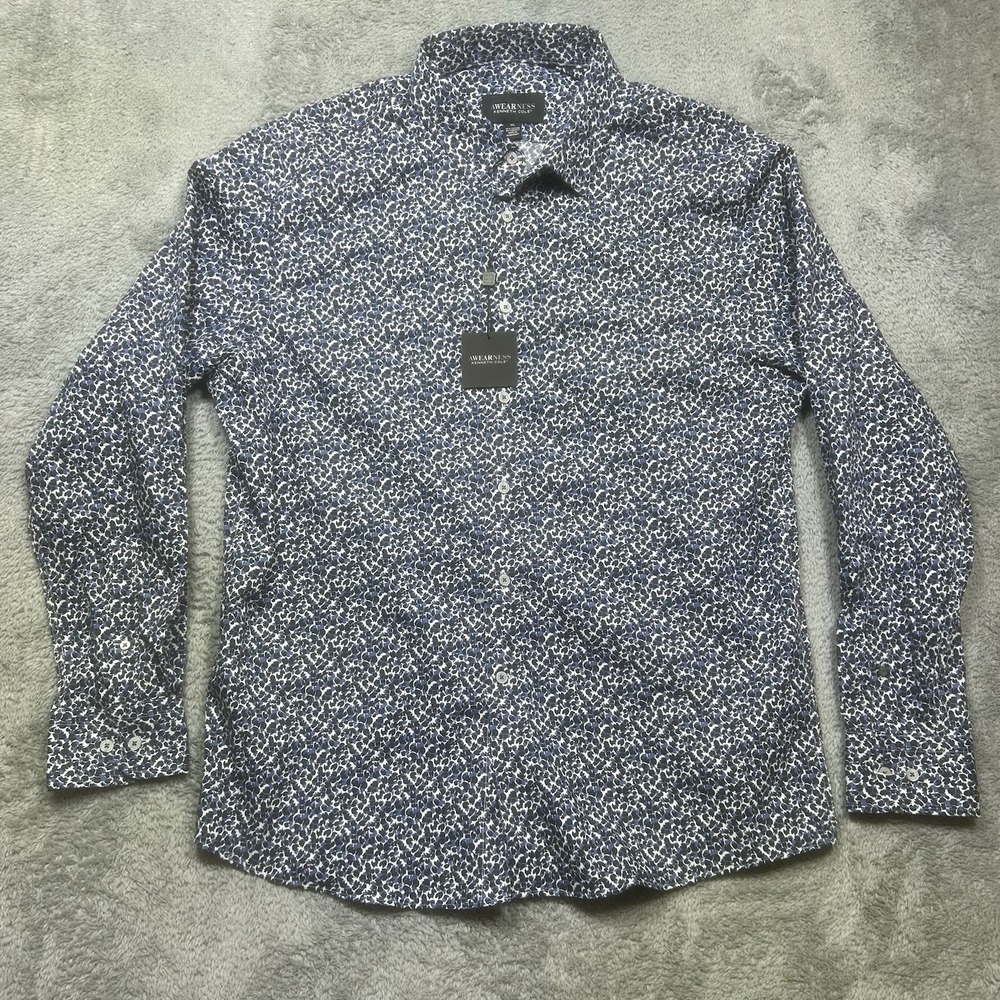 Kenneth Cole AWearNess Dress Shirt Mens XL Blue Black Floral Pattern Button NEW